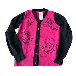 Walt Disney Cardigan Sweater‎ Mickey Minnie Mouse Pink Black Embroidered Sz 7/8